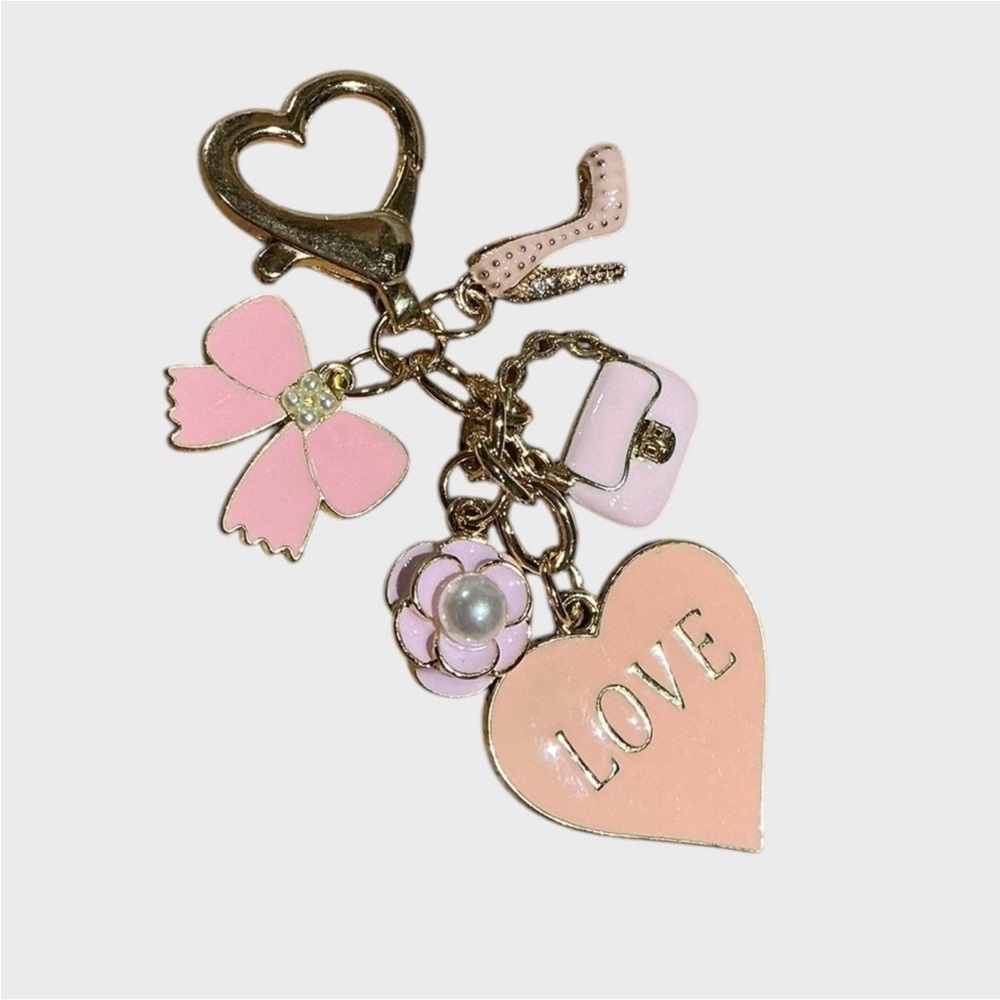 Bag Charm Keychain Pink Heart Love Bow Flower Handbag Accessory Purse